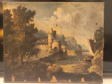 Italiaanse school (XVIII) - Paesaggio lacustre con castello