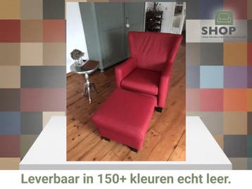Leren oorfauteuil met houten poten - met hocker - rood leer, Huis en Inrichting, Ophalen of Verzenden, Nieuw