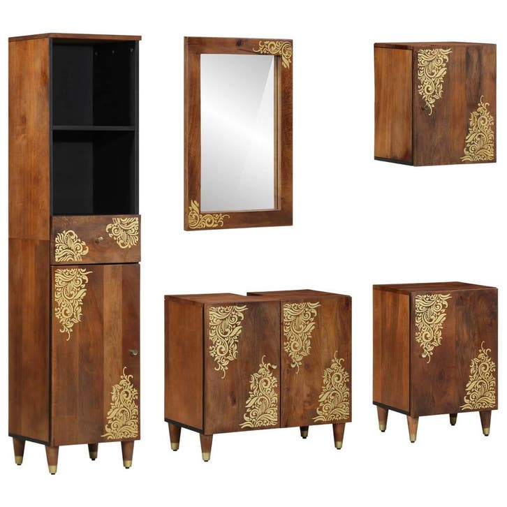 vidaXL Badkamerkast set met lade 5 pcs Honing bruin Massief, Huis en Inrichting, Badkamer | Badkamermeubels, Nieuw, Verzenden