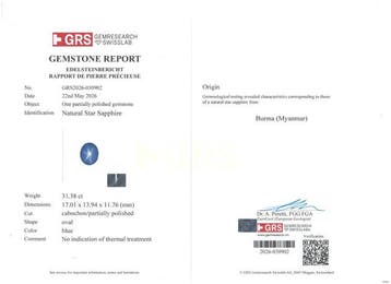 Bleu Saphir étoilé - 31.38 ct - GRS (Laboratoire Gem, Bijoux, Sacs & Beauté, Pierres précieuses