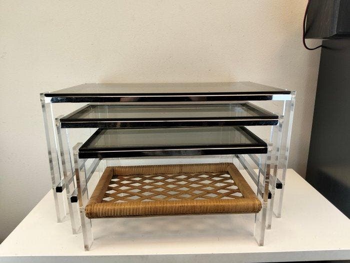 Tables gigognes - Métal, Verre, Plastique - Trois tables, Antiek en Kunst, Kunst | Designobjecten
