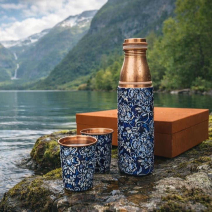 Puur koperen set van fles bloemenprint blauw/wit ± 950 ml, Sport en Fitness, Gezondheidsproducten en Wellness, Ophalen of Verzenden