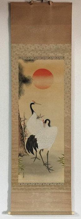 Antique Japanese Hanging Scroll - Hand-painted Cranes,