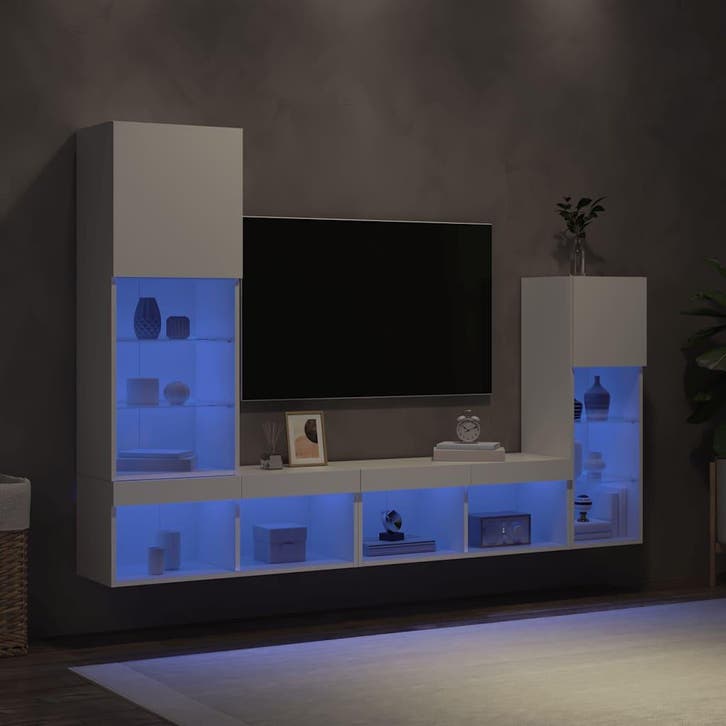 vidaXL 4-delige Tv-wandmeubelset met LED-verlichting bewerkt, Maison & Meubles, Armoires | Mobilier de télévision, Envoi