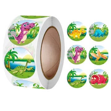 500 Stickers Op Rol - 2.5cm - Dinosaurus Cartoon -, Verzenden