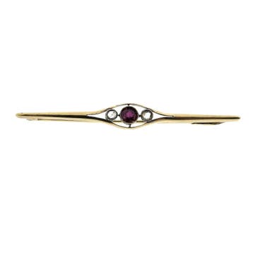 Gouden broche met robijn en diamanten; 0,12 ct., Gebruikt, Ophalen of Verzenden, Met edelsteen, Goud