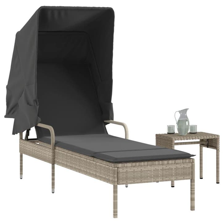vidaXL Ligbed met luifel en tafel poly rattan lichtgrijs, Jardin & Terrasse, Chaises longues, Envoi