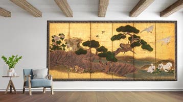Écran pliant avec un paysage idyllique - Bois laqué, papier,