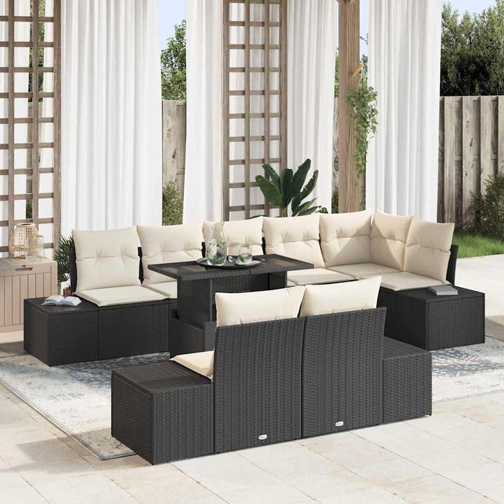 vidaXL Tuinbank Set met opslag 9 pcs Zwart Poly rattan, Tuin en Terras, Tuinsets en Loungesets, Nieuw, Verzenden