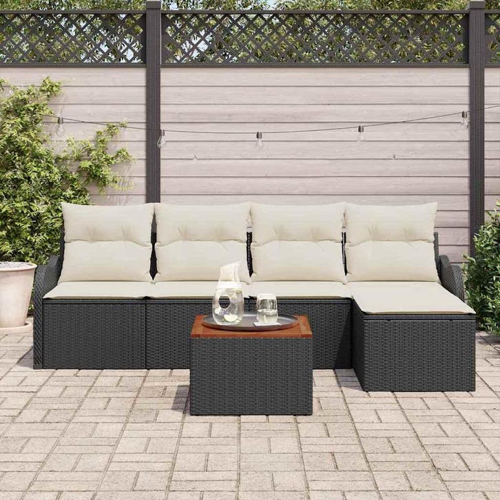vidaXL Tuinbank Set met kussen 6 pcs Zwart poly rattan, Tuin en Terras, Tuinsets en Loungesets, Nieuw, Verzenden