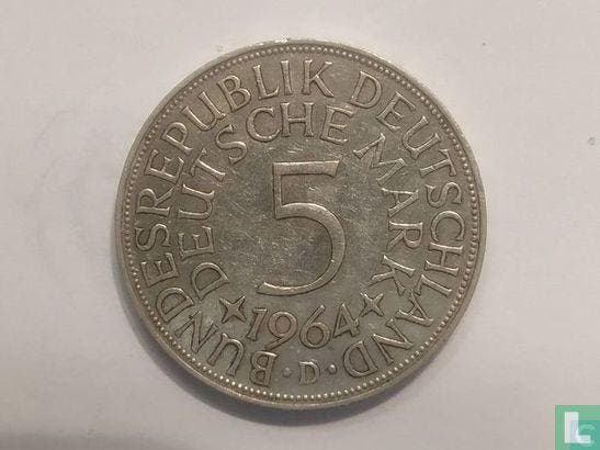 Duitsland 5 mark 1964 (D), Timbres & Monnaies, Monnaies | Europe | Monnaies non-euro, Envoi