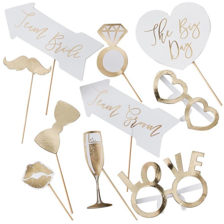 Bruiloft Photobooth Props Wit/Goud 10st, Hobby en Vrije tijd, Feestartikelen, Nieuw, Verzenden