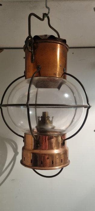 Objets maritimes - cuivre rouge, Verre- lampe à huile en, Antiek en Kunst, Curiosa en Brocante