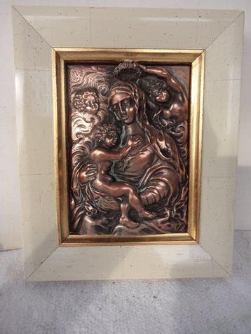 Plaquette en bronze en haut-relief - Marie et lEnfant -, Antiek en Kunst