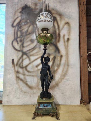 Lampe à huile - Émail cloisonné, Spelter, Bronze, Cristal,