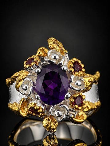 Zonder minimumprijs - Ring Amethist Statement Ring - 925, Nieuw