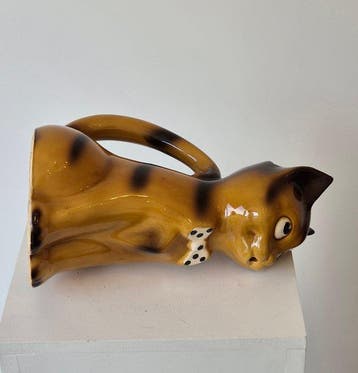 Kruik - Retro 1970s Majolica Barbotine Cat Jug/Vase –