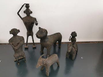 Kondh collectie 5x tribale Dhokra-bronsbeelden - Brons -