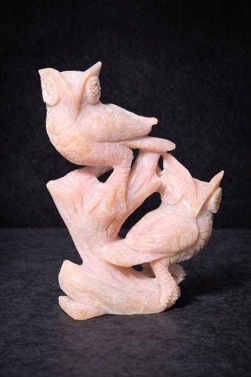 Rare sculpture en opale rose – hibou double Fait main -, Antiquités & Art, Curiosités & Brocante