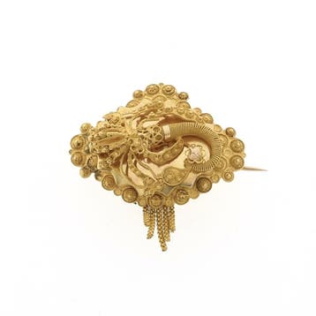 Gouden broche van een mutsenbel | Filigrain techniek, Ophalen of Verzenden, Gebruikt, Goud, Goud