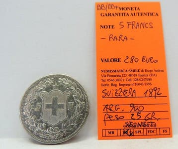 Zwitserland. 5 Francs 1892 / Key Date (Zonder minimumprijs), Postzegels en Munten