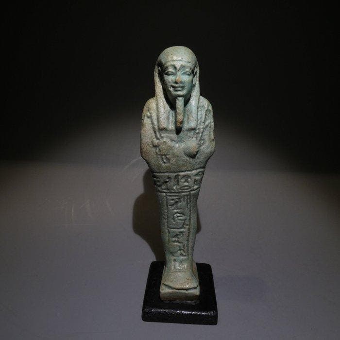 Oud-Egyptisch Faience Prachtige grote Shabti. 11,5 cm hoog., Collections, Minéraux & Fossiles