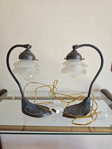 Lampe de table de chevet (2) - verre dépoli frisé, Bronze -, Antiquités & Art