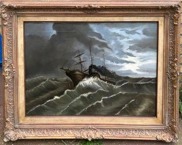 Emilio Perez Ostos (1828-1913) - Driemaster op wilde zee, Antiek en Kunst