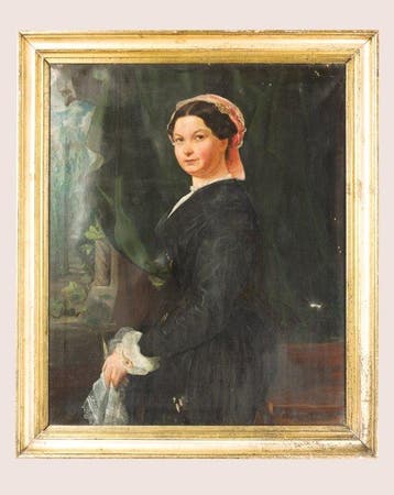 École allemande (XIX) - Biedermeierliches Damenporträt am, Antiek en Kunst