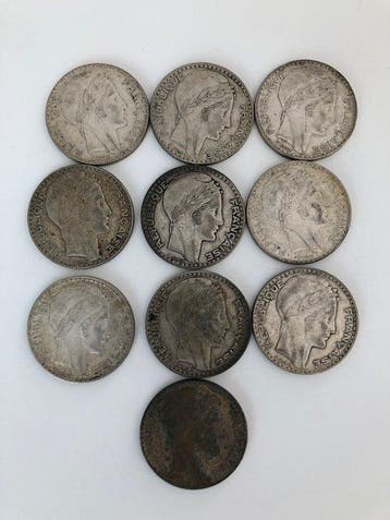 Frankrijk. 20 Francs 1933/1938 Turin (lot de 10 monnaies en, Postzegels en Munten