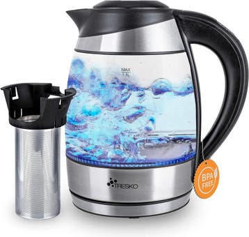 Waterkoker glas - met LED - 1.8L - 2200W - Zilver - TRESKO, Verzenden, Nieuw