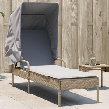vidaXL Ligbed met luifel poly rattan beige, Verzenden