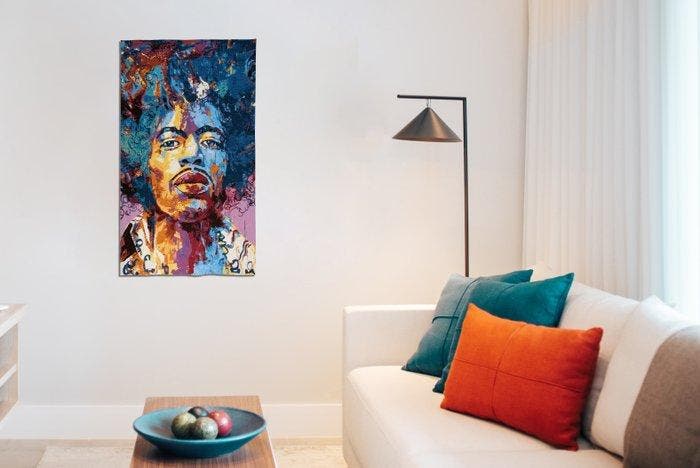 1,20 x 0,70 meter!!! Jimi Hendrix - Prachtig portret op, Antiek en Kunst, Antiek | Tapijten, Tafelkleden en Textiel