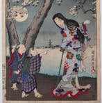 Maan boven de Sumida-rivier - Sneeuw, maan en bloemen -