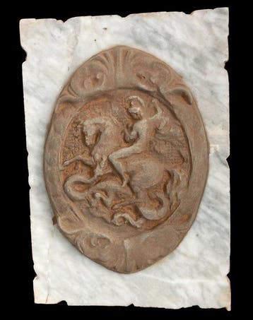 sculptuur, San Giorgio uccide il drago su marmo - 41 cm -, Antiek en Kunst