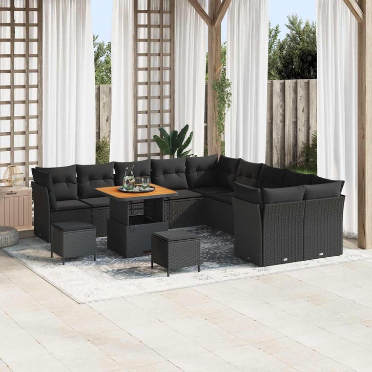 vidaXL Tuinbank Set met kussen 13 pcs Zwart poly rattan, Tuin en Terras, Tuinsets en Loungesets, Nieuw, Verzenden
