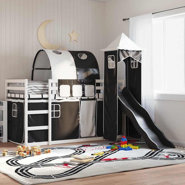 vidaXL Stapelbed met glijbaan en gordijnen wit en zwart, Huis en Inrichting, Slaapkamer | Bedden, Nieuw, Verzenden