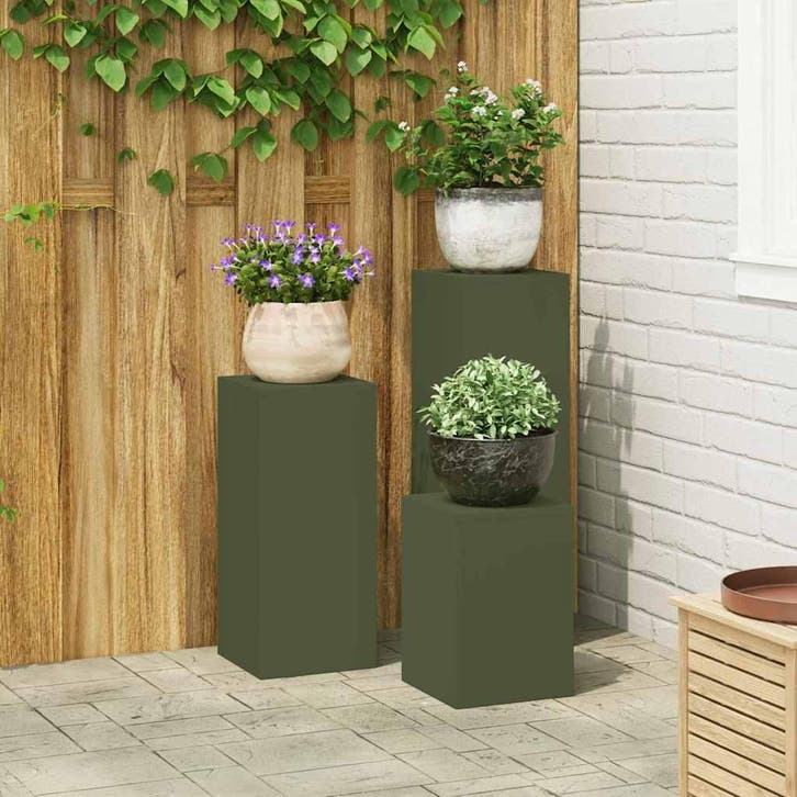 vidaXL Plantenstand 3 pcs Olijfgroen Staal, Jardin & Terrasse, Bacs à fleurs & Jardinières, Envoi