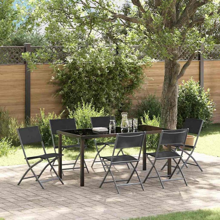 vidaXL Tuin Eettafel Set 7 pcs Zwart Gepoedercoat staal, Jardin & Terrasse, Ensembles de jardin, Envoi