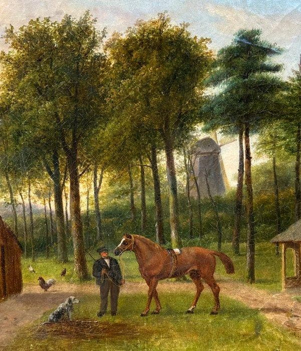 Nicolaas Roosenboom (1805-1880) - Man met paard op erf, Antiquités & Art, Art | Peinture | Classique