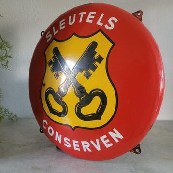 Langcat Bussum - Sleutels Conserven, Emaille Reclamebord,, Antiek en Kunst