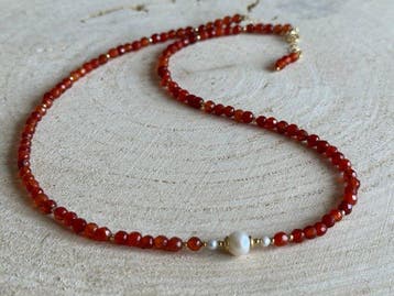 Parel - Zilver - Halsketting - Akoya parel, carnelian