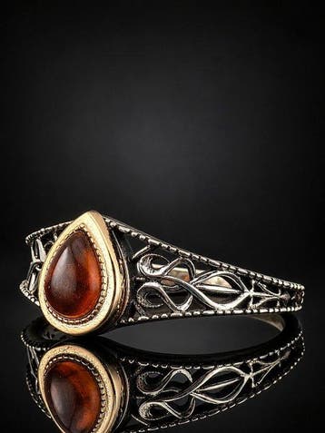 Bague Ambre Miel - Argent Sterling 925 - Monture filigrane