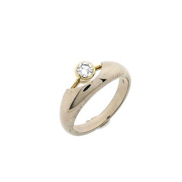 Bicolor gouden solitairring met diamant; 14 karaat; diama..., Handtassen en Accessoires, Gebruikt, Ophalen of Verzenden, 17 tot 18