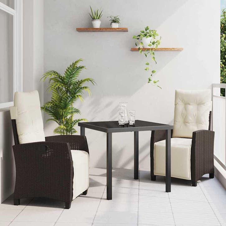 vidaXL Tuin Eettafel Set met kussen 3 pcs Bruin poly rattan, Tuin en Terras, Tuinsets en Loungesets, Nieuw, Verzenden
