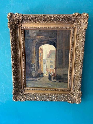 Hollandse School (XX) - Stadsgezicht met figuren, Antiek en Kunst