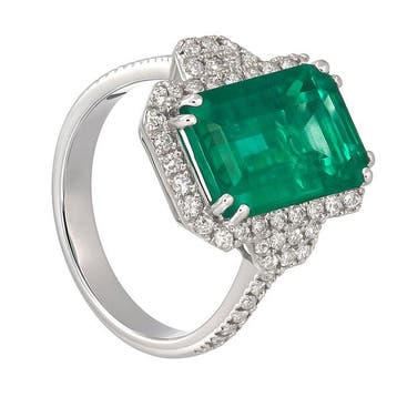 Ring - 18 karaat Witgoud - 7.16ct. tw. Smaragd - Diamant -, Nieuw