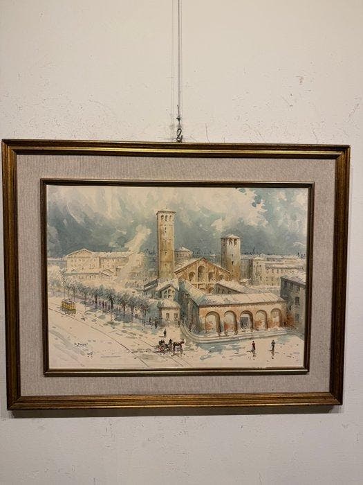 Italiaanse school (XX) - Milano sotto la Neve, Antiek en Kunst, Kunst | Schilderijen | Klassiek