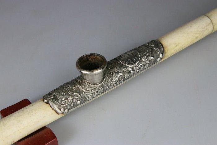 Chinees opiumpijp van bot - Bamboe, Zilver - China - 20e, Antiek en Kunst, Antiek | Overige Antiek
