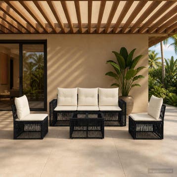 vidaXL Tuinbank Set 6 st Zwart en Crème Wit poly rattan, Verzenden, Nieuw